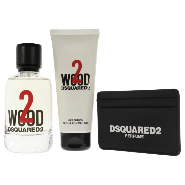 Dsquared 2 Set: Dsquared Leather Card Holder Black Men + 2 Wood Eau de Toilette Unisex 100 ml + 2 Wood Shower Gel 100 ml