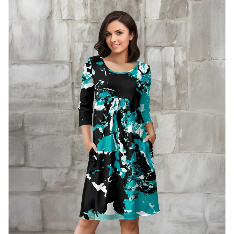 Three Quarter Sleeve Empire Dress with Pockets by Bon Apple Tea - Brown and Black