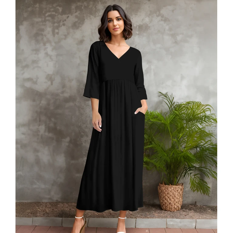 Three Quarter Sleeve V-neck Maxi Dress with Pockets by Bon Apple Tea