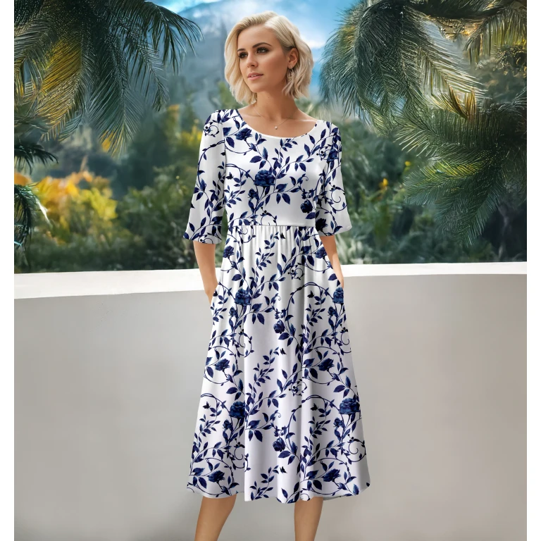 Three Quarter Sleeve Midi Dress with Pockets by Bon Apple Tea