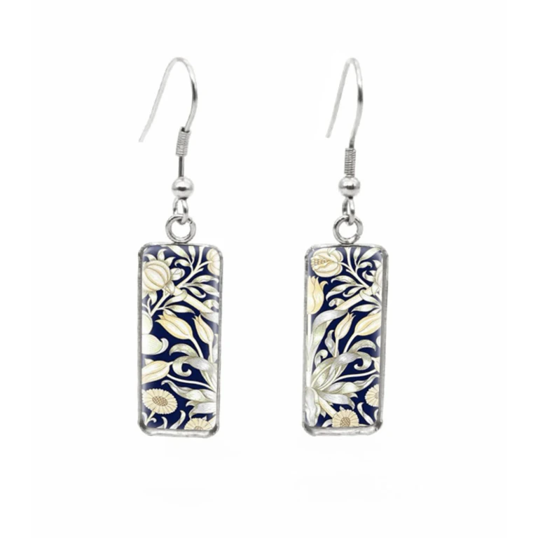 Don't AsK Rectangular Art-Print Drop Earrings - Navy & White Foliage - Lightweight Dangle Earrings for Women