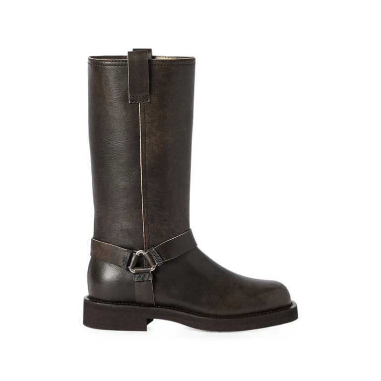 Leather Biker Boots With Shiny Loops