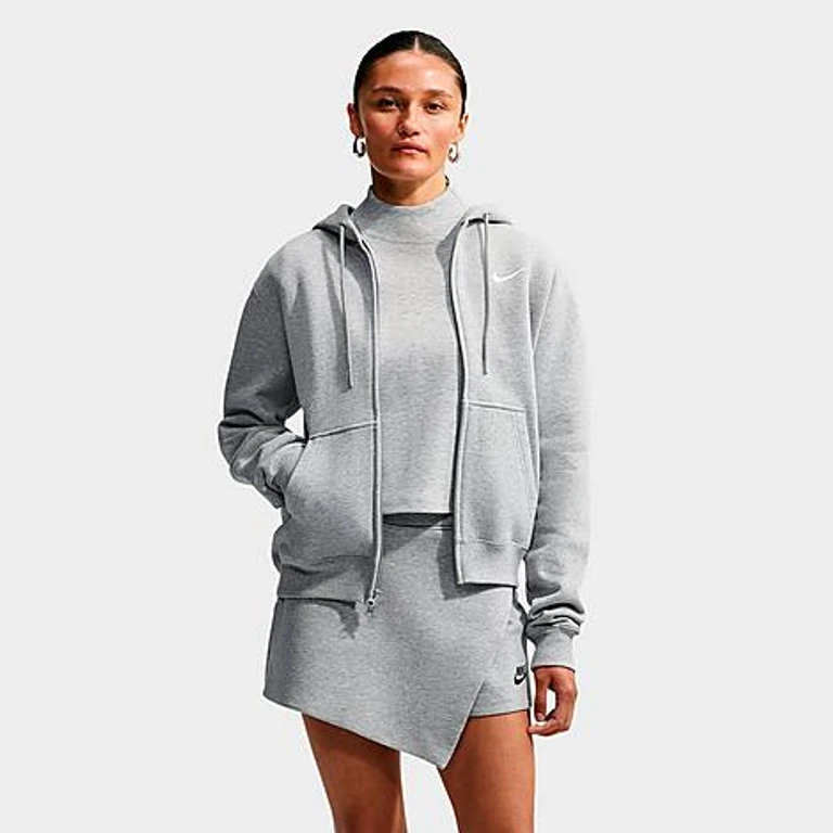 Nike Women's Studio Fleece Medium-Weight Full-Zip Hoodie in Dark Grey Heather/Sail Size: XXS