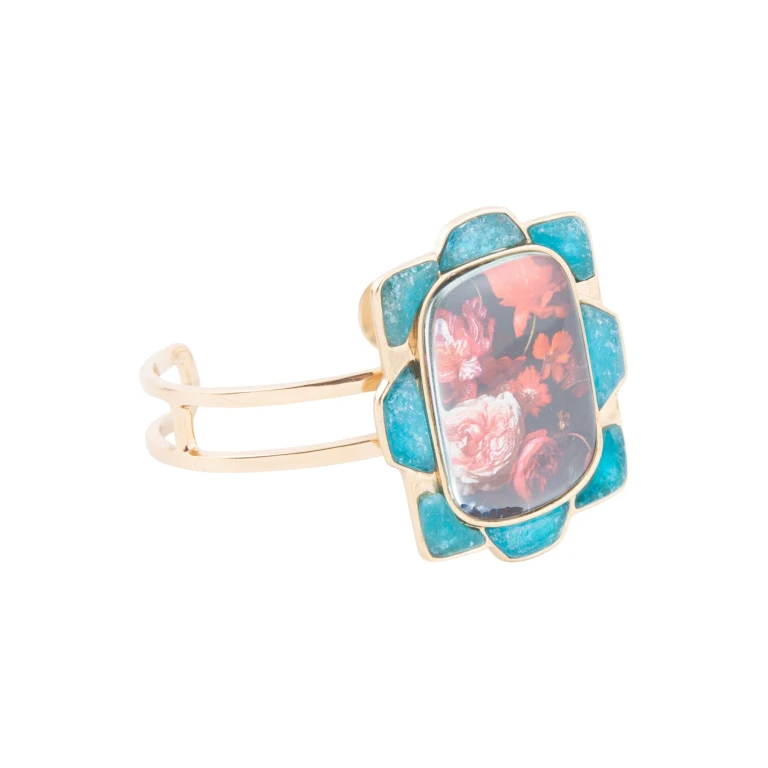 Scenic Red Floral Blue Apatite Golden Cuff Bracelet