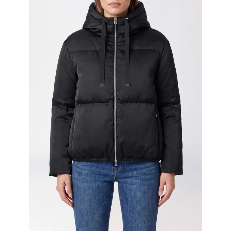 Kurze wasserabweisende Nylon-Daunenjacke mit Stehkragen und Kordelzug am Saum