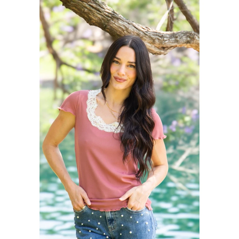 Square Neck Tee with Lace Trim, Mauve