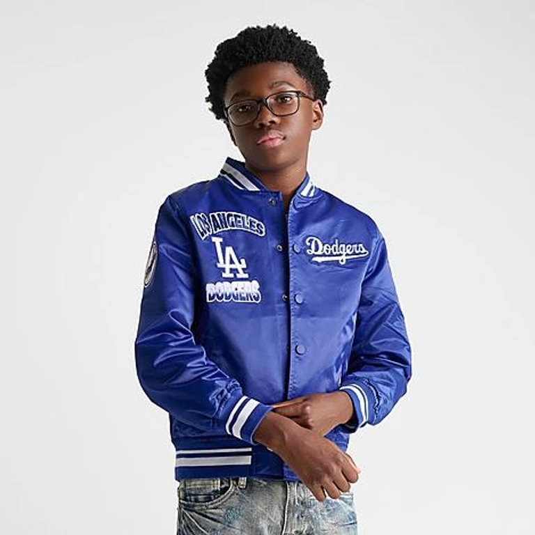 Big Kids Los Angeles Dodgers MLB Turn It Up Satin Bomber Jacket in Dodger Blue Size: Small