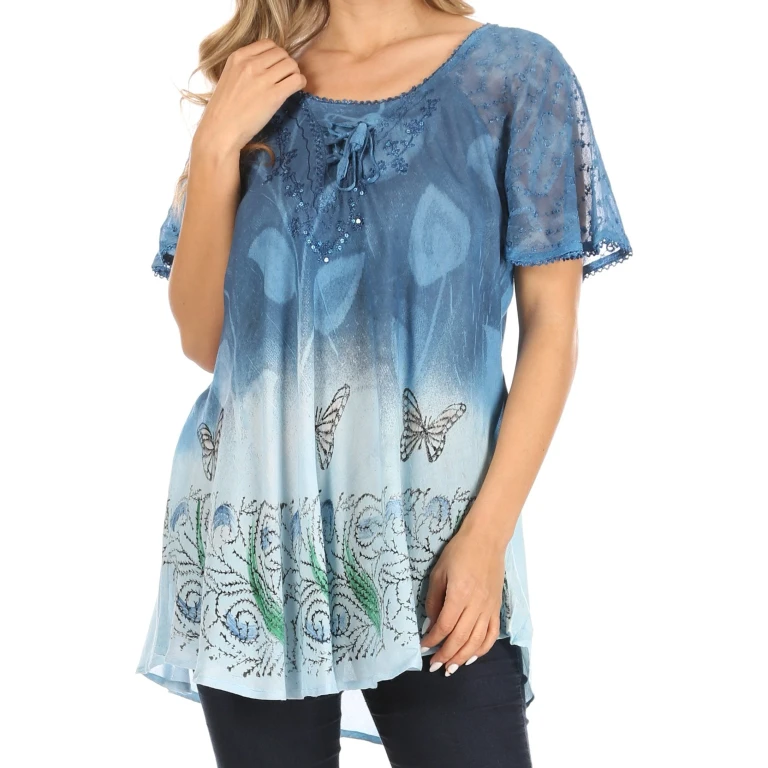 Sakkas Petra Women's Casual Loose Flared Corset Short Sleeve Lace Blouse Top Tunic