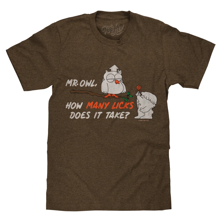 Mr Owl How Many Licks Does It Take Tootsie Roll Pop Candy T-Shirt - Heather Brown