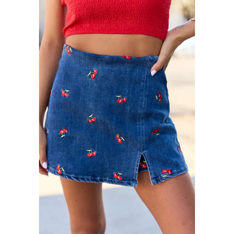My Favorite Dark Wash Cherry Embroidered Side Slit Denim Skort
