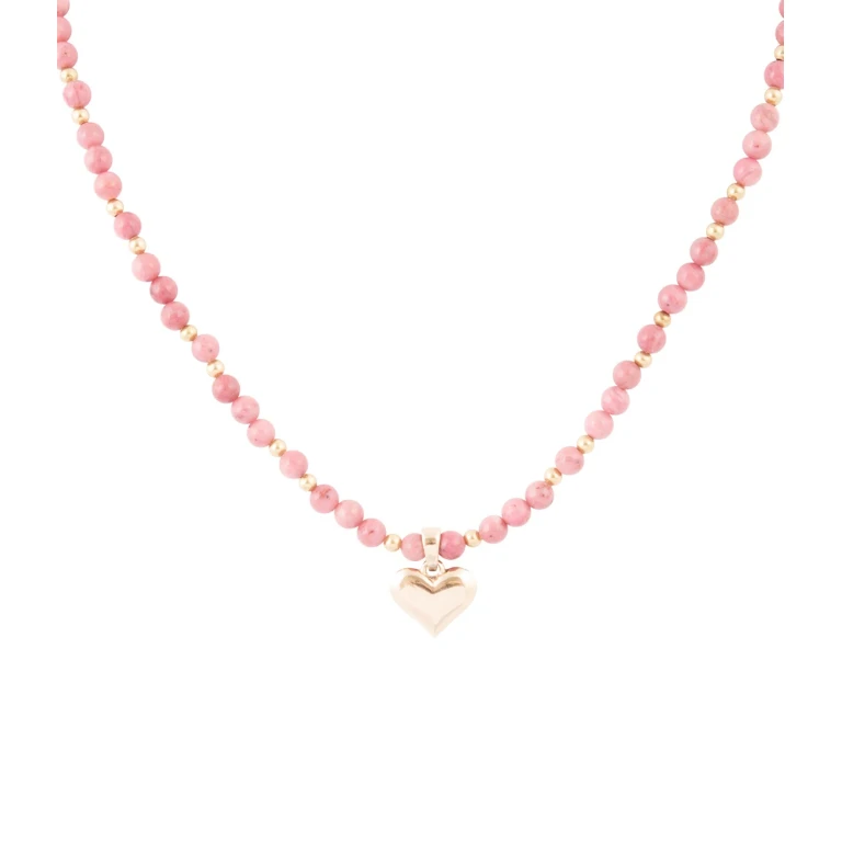 Pink Rhodonite and Golden Bronze Heart Pendant Necklace