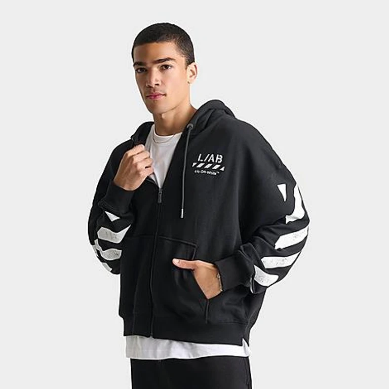 Men's Off-White L/AB Core Diagonal Fleece Full-Zip Hoodie in Black Size: Small