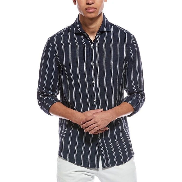 Navy Linen Striped Button-Up Shirt