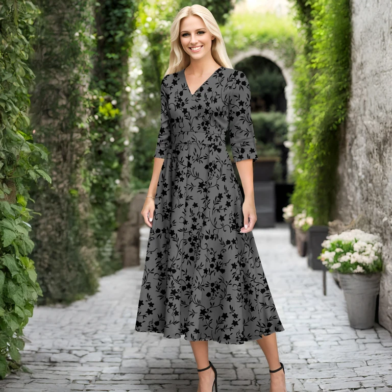 V Neck Three Quarter Sleeve Fit and Flare Midi Dress by Bon Apple Tea