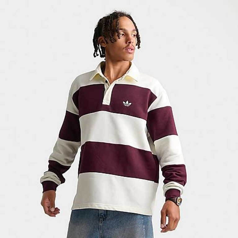 Men's Originals Panel Cut Striped Rugby Shirt in Off White/Maroon Size: Small