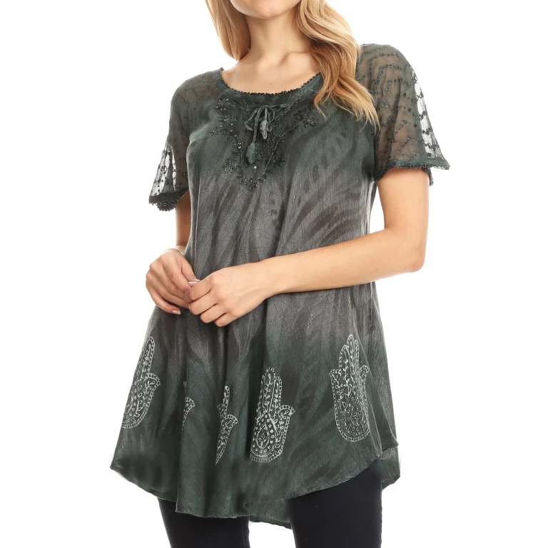 Sakkas Lily Casual Everyday Summer Short Sleeve Top Blouse with Block Print & Lace