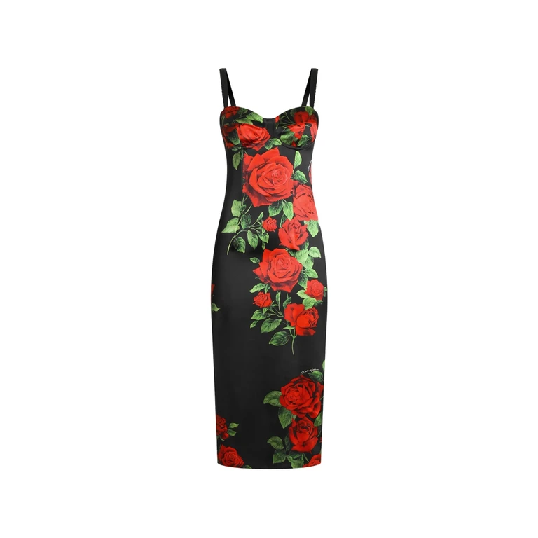 Rose-print Satin Midi Dress