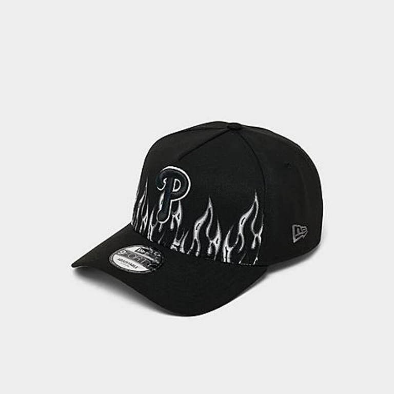 New Era Philadelphia Phillies MLB Large Flame Logo 9FORTY A-Frame Snapback Hat in Black/White