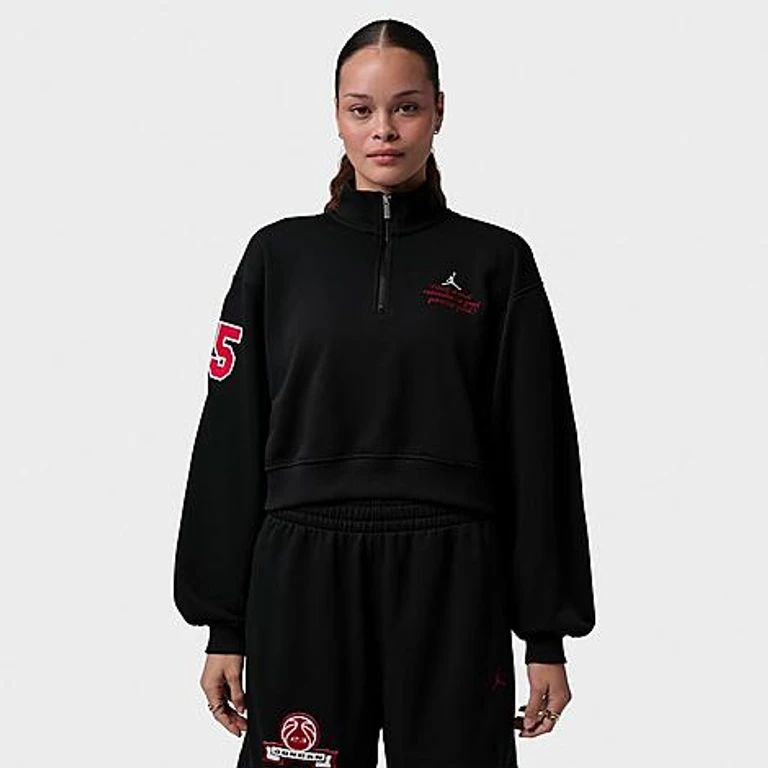 Brooklyn Fleece Cropped Quarter-Zip Top en negro/crema