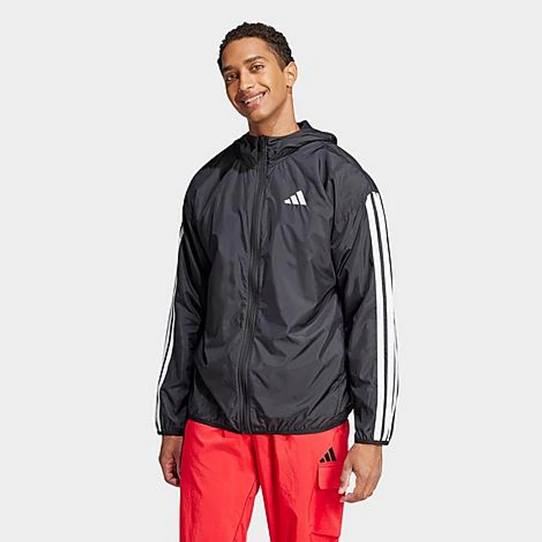 adidas Men's Essentials 3-Stripes Full-Zip Windbreaker Jacket in Black/White Size: XS