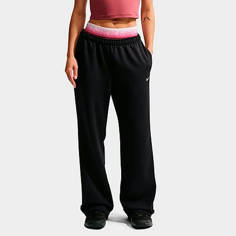 Nike Women's Studio Fleece Sport Dri-FIT Mid-Rise Open-Hem Pants in Black/White Size: XXS