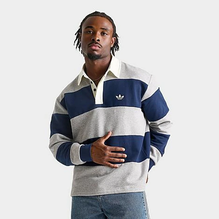 Men's Originals Panel Cut Striped Rugby Shirt in Medium Grey Heather/Collegiate Navy Size: Small