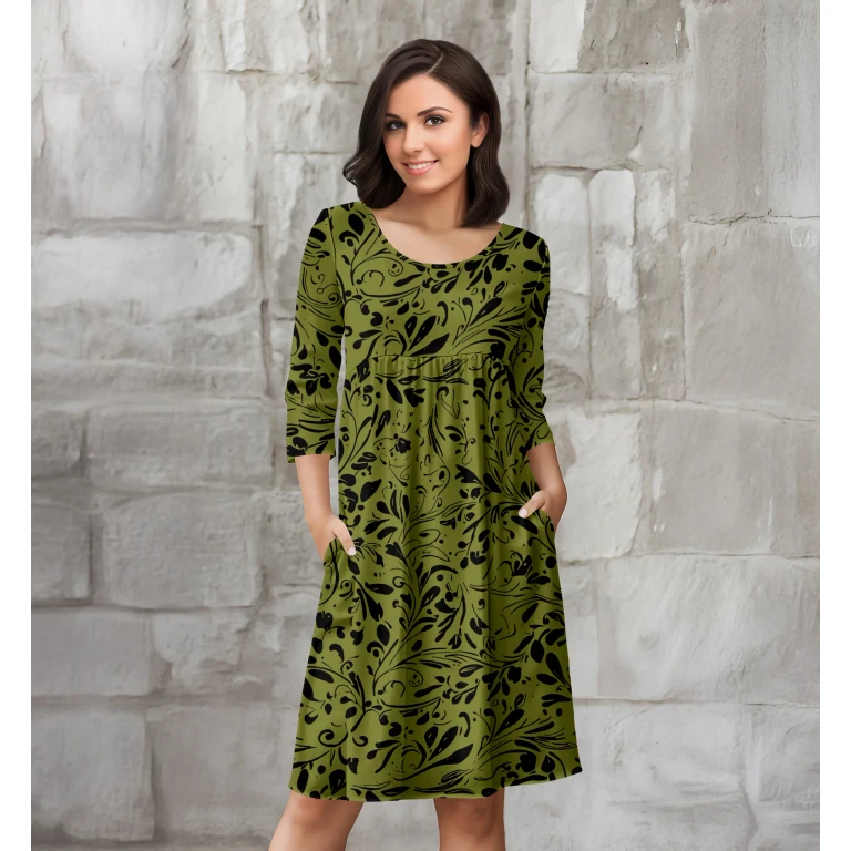 Three Quarter Sleeve Empire Dress with Pockets by Bon Apple Tea