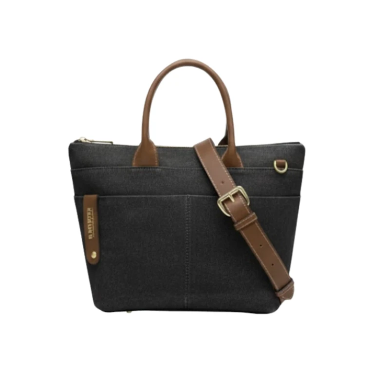 Dot Small Tote Black Washed Canvas + Brown