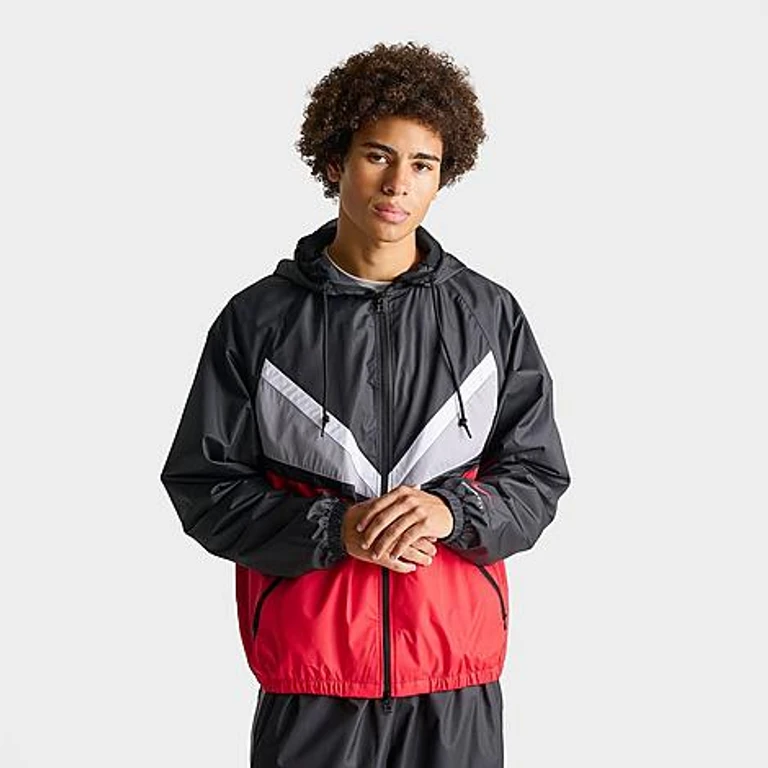 Nike Men's Sportswear Windrunner Lined Full-Zip Jacket in Black/University Red/Cement Grey Size: Small