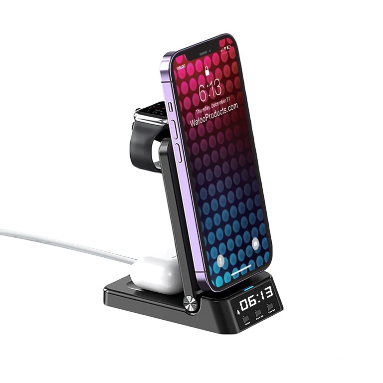 Mini Wireless Charging Dock With Alarm Clock For iPhone, Apple Watch & AirPods