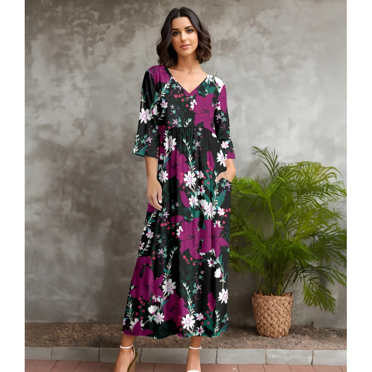 Three Quarter Sleeve V-neck Maxi Dress with Pockets by Bon Apple Tea