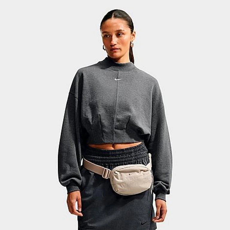 Studio Fleece Leichtes French Terry Oversized Cropped Falten-Crewneck-Sweatshirt in Charcoal Heather/Sail