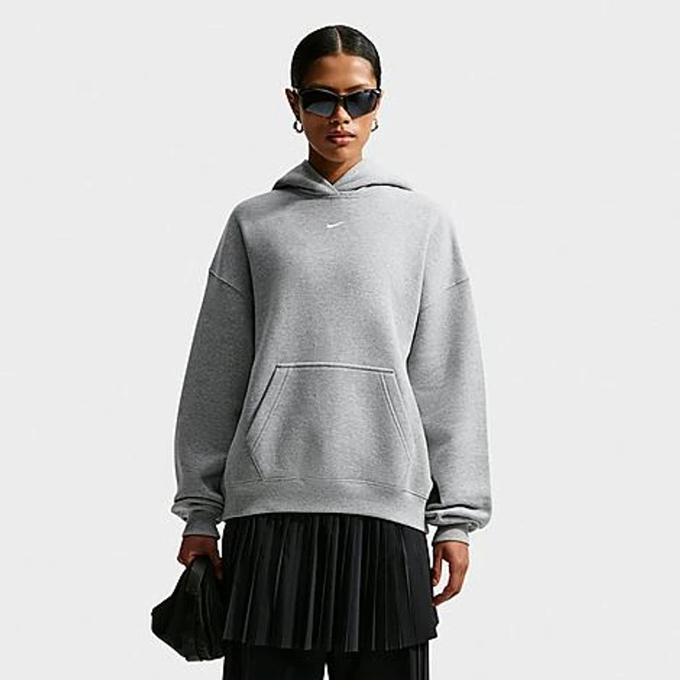 Nike Women's Studio Fleece Medium-Weight Oversized Pullover Hoodie in Dark Grey Heather/Sail Size: XXS