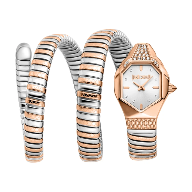 Womens's Snake Watch, Rose Gold Color Case, Silver Dial, Two Tone Silver & Rose Gold Stainless Steel Bracelet JC1L370M0065