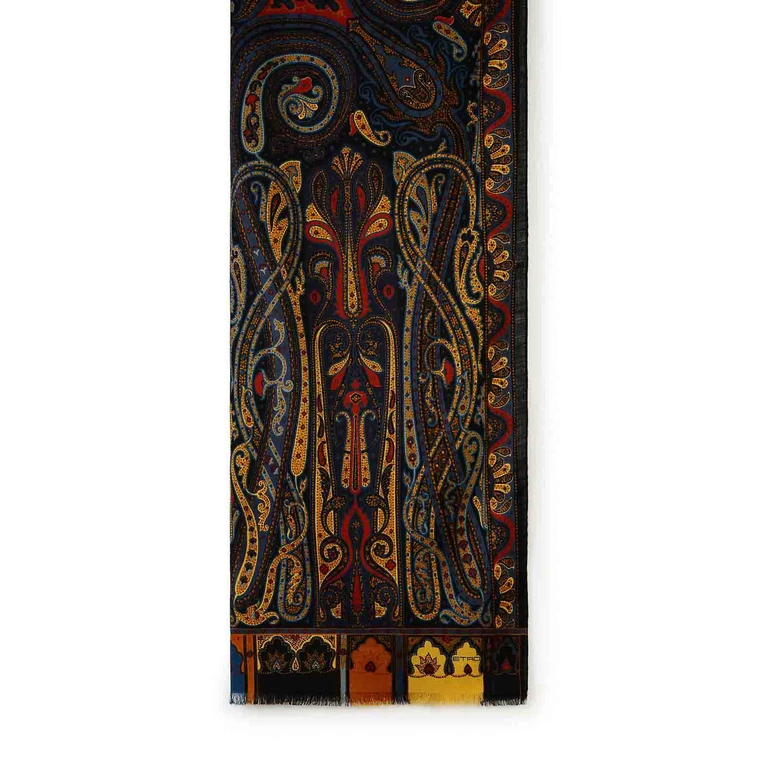 Cachecol Etro Paisley de lã e seda em preto e camelo