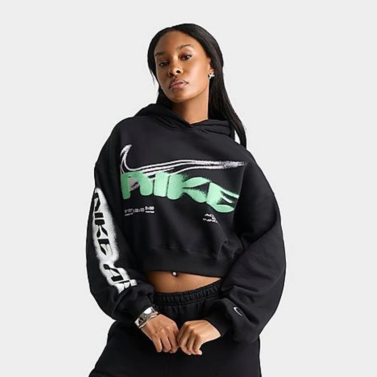 Women's Studio Fleece Medium-Weight Oversized Cropped Pullover Hoodie in Black/Sail Size: XS