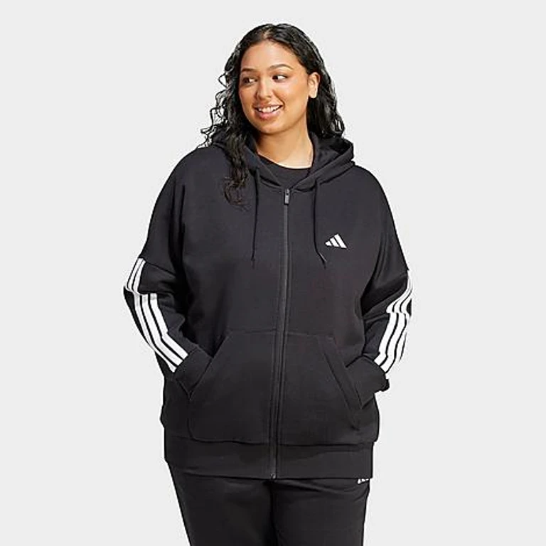 adidas Women's Essentials 3-Stripes Fleece Full-Zip Hoodie (Plus Size) in Black/White Size: 1X
