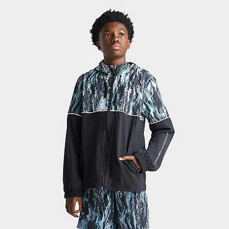 Under Armour Big Kids Allover Print Full-Zip Woven Jacket in Fresco Blue/Black/Grey Size: Medium