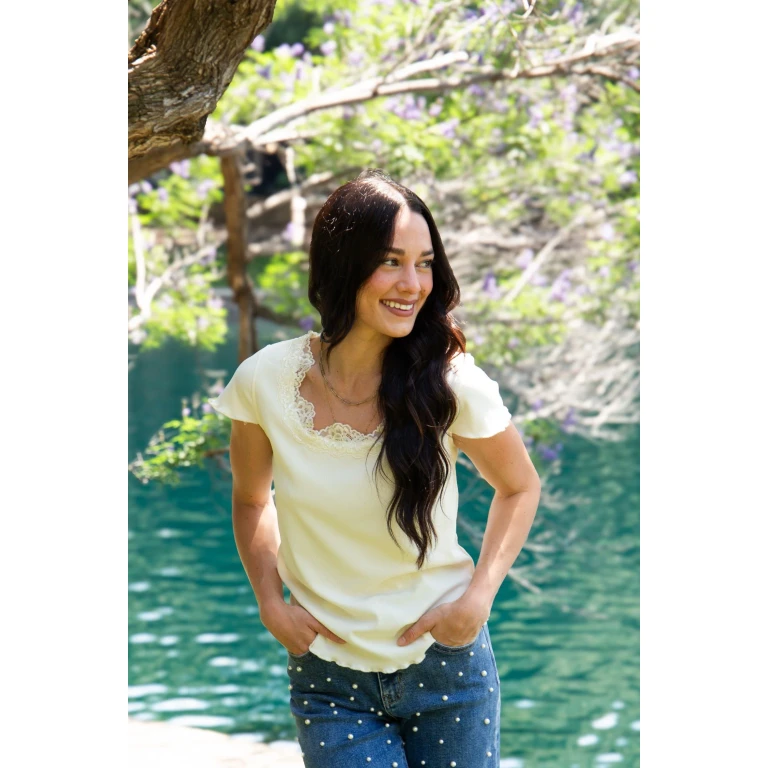 Square Neck Tee with Lace Trim, Ivory
