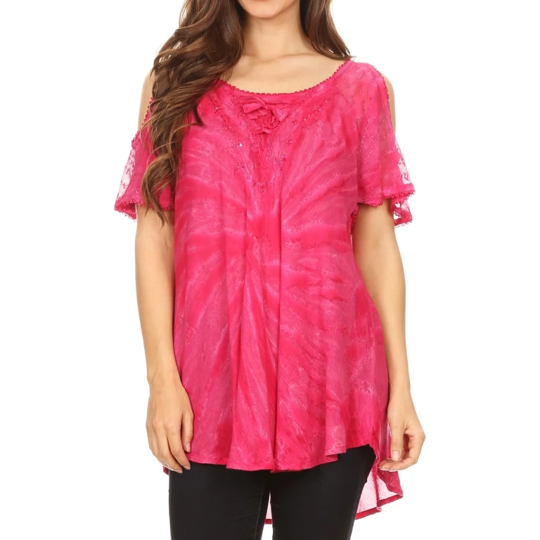 Sakkas Filipa Womens Cold Shoulder Top Blouse Tie-dye with Corset and Embroidery