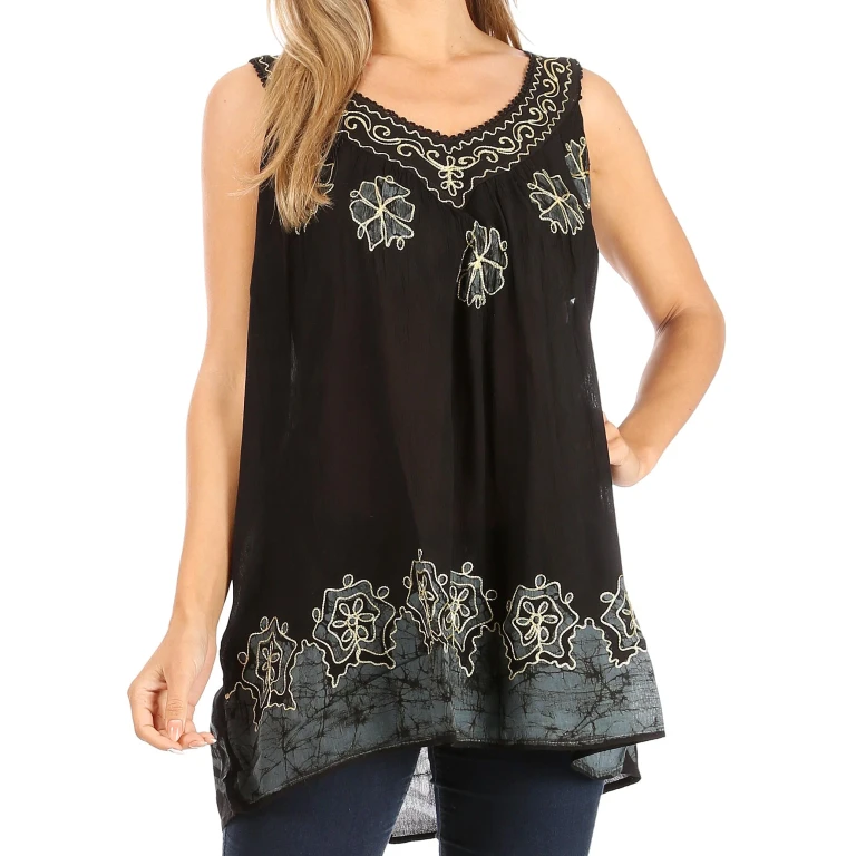 Sakkas Batik Embroidered V-Neck Sleeveless Blouse