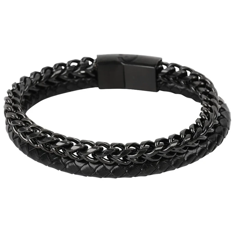 da uomo black Bracciale in combination of steel e leather