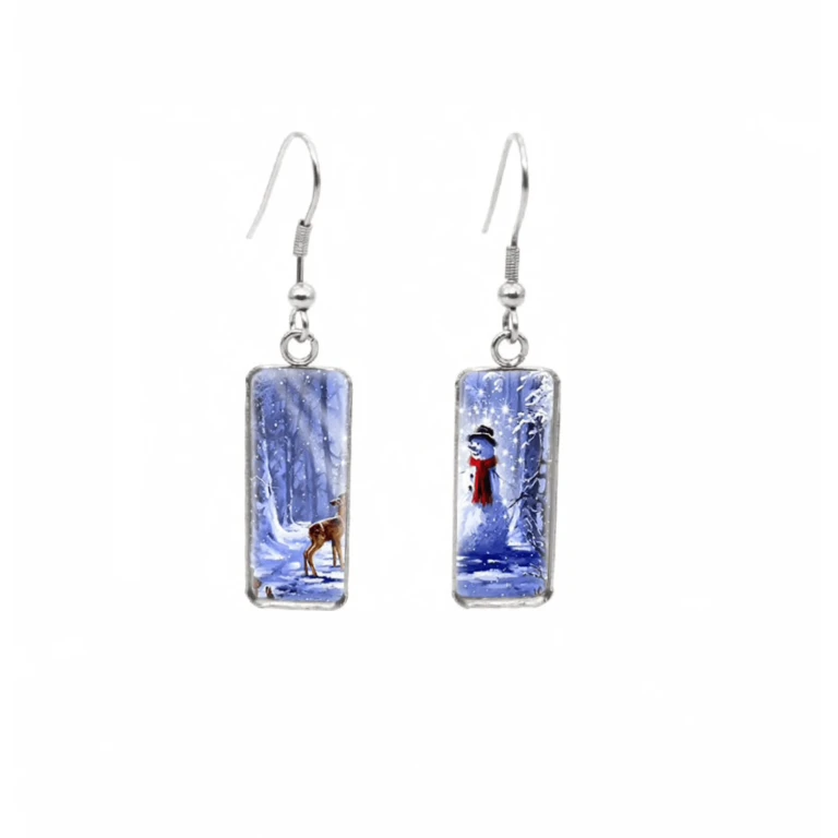 Don't AsK Rectangular Art-Print Drop Earrings - Deer & Snowman - Lightweight Dangle Earrings for Women