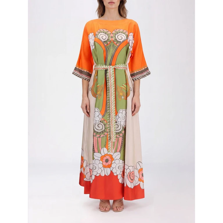 LA DOUBLEJ A-Line Long Silk Dress with Ethnic Print and Waist Belt (DRE0574SIL001AMB03GR02)