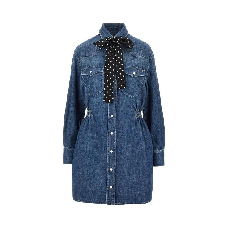 Denim mini dress with silk bow Woman 40