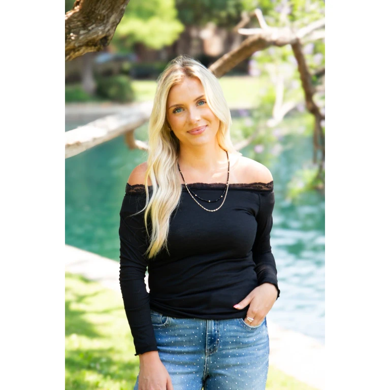 Longsleeve Off-the-Shoulder Top with Lace Trim, Black