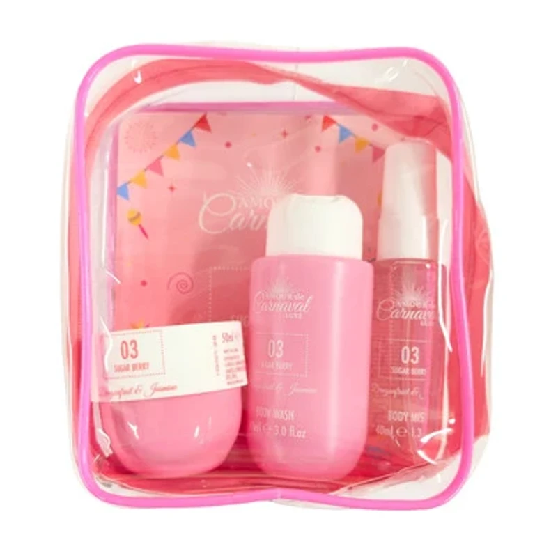 03 Sugar Berry 4 Pcs Set for Women: 1.3 Body Mist + 1.7 Body Lotion + 3 Oz Body Wash + Cosmetic Bag