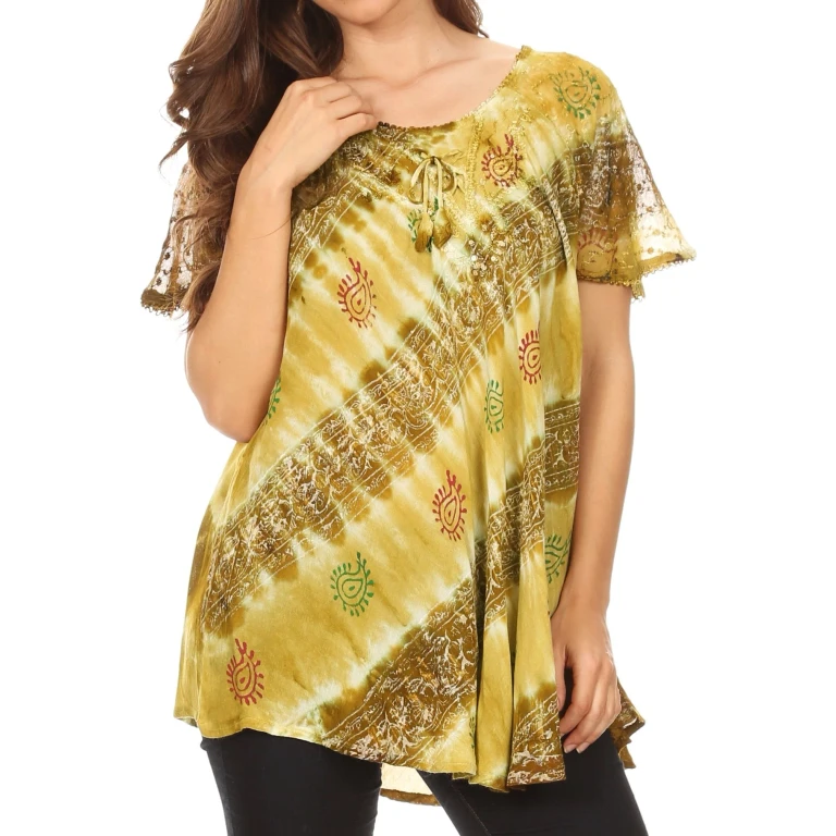 Sakkas Flavia Womens Everyday Blouse Top with Tie-dye & Block Print Light and Soft