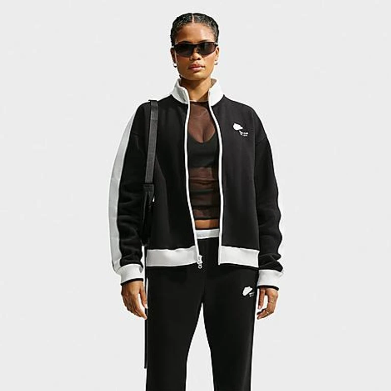 Women's Studio Fleece Medium-Weight " Run Club" Track Jacket in Total Black/Sail/Total Black Size: XXS