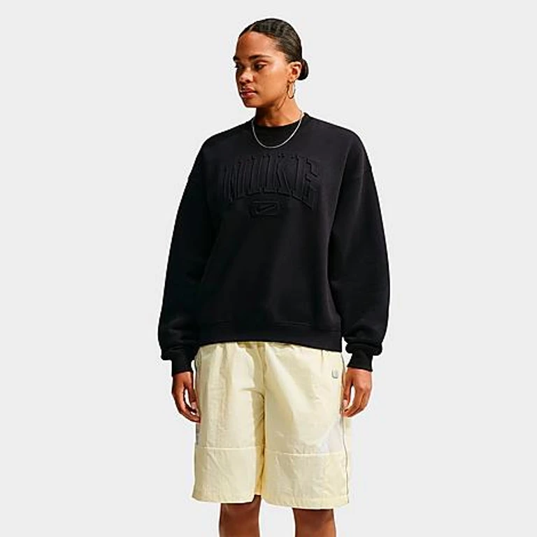 Nike Women's Studio Fleece Medium Weight "Graphic Pack" Embossed Oversized Crewneck Sweatshirt in Total Black/Total Black Size: XXS